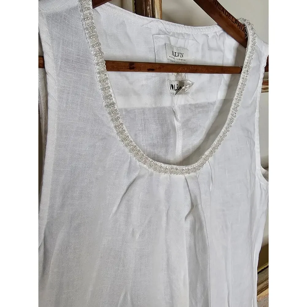Linen Dress White Drop Waist Pearl Accents by Malvin Germany Ladies size Small - Picture 4 of 11